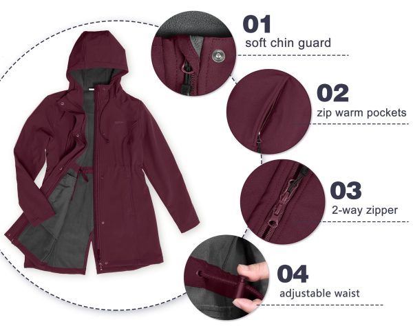 Women's Softshell Long Jacket with Hood Fleece Lined Windproof Warm up Waterproof Windbreaker