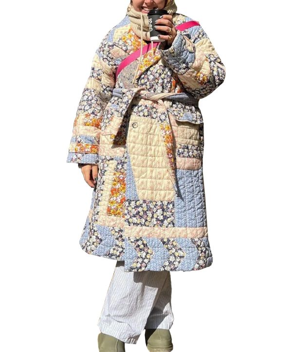 Womens Floral Puffer Jacket Lightweight Long Quilted Down Coats Winter Padded Outwear with Belt