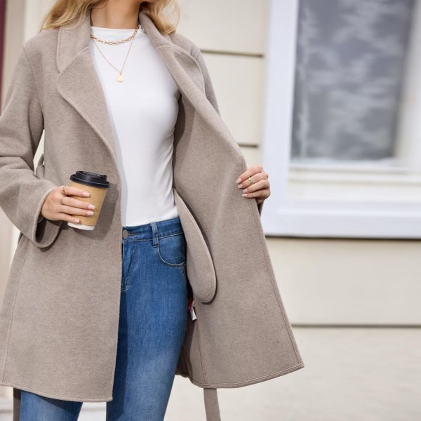Women's Wool Blend Coat with Pockets Mid-Long Winter Overcoat, Thick Wool & Pea Coats jacket with Belt