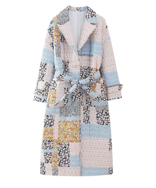 Womens Floral Puffer Jacket Lightweight Long Quilted Down Coats Winter Padded Outwear with Belt