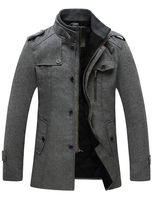 Men's Wool Blend Jacket Stand Collar Windproof Pea Coat