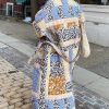Womens Floral Puffer Jacket Lightweight Long Quilted Down Coats Winter Padded Outwear with Belt